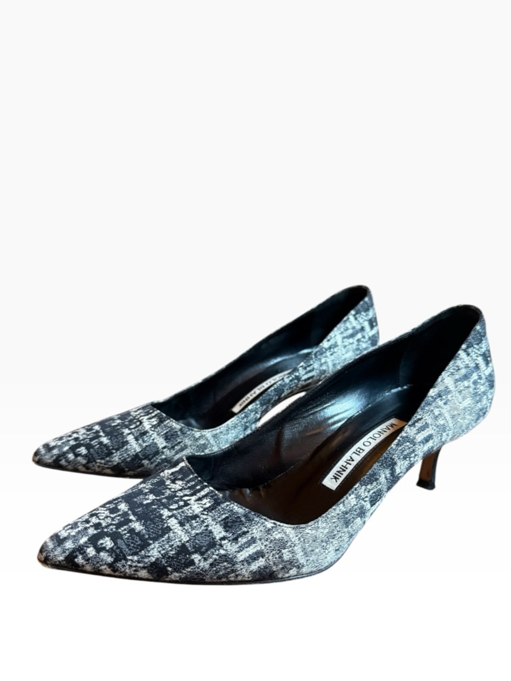 MANOLO BLAHNIK BB Pump Black White Tweed Pointed Toe Kitten Heel EU 37.5 US 7.5